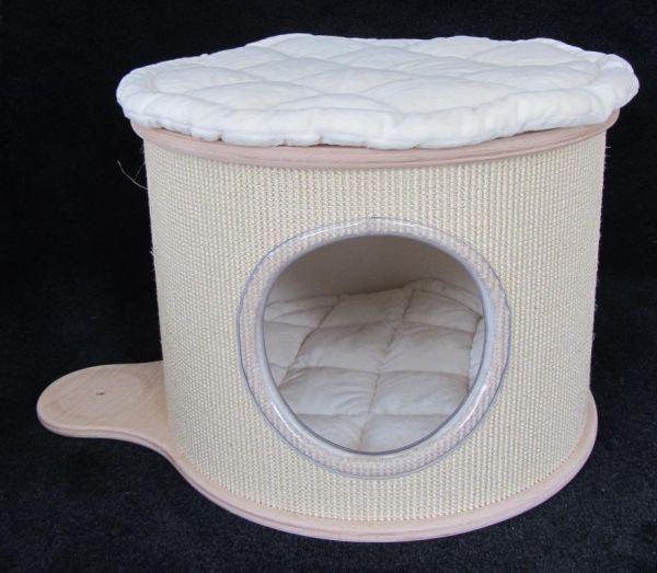 Sisal - Kratzbaumhöhle 47 cm ( mit Holzplatten 50 cm ø) mit Nase und Klettkissen ( für 14cm Sisalstämme )